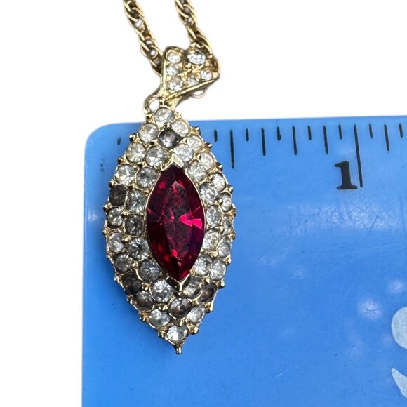 Vintage Attwood & Sawyer Ruby and White Rhinestones Gold Tone Pendant Necklace - Picture 3 of 16